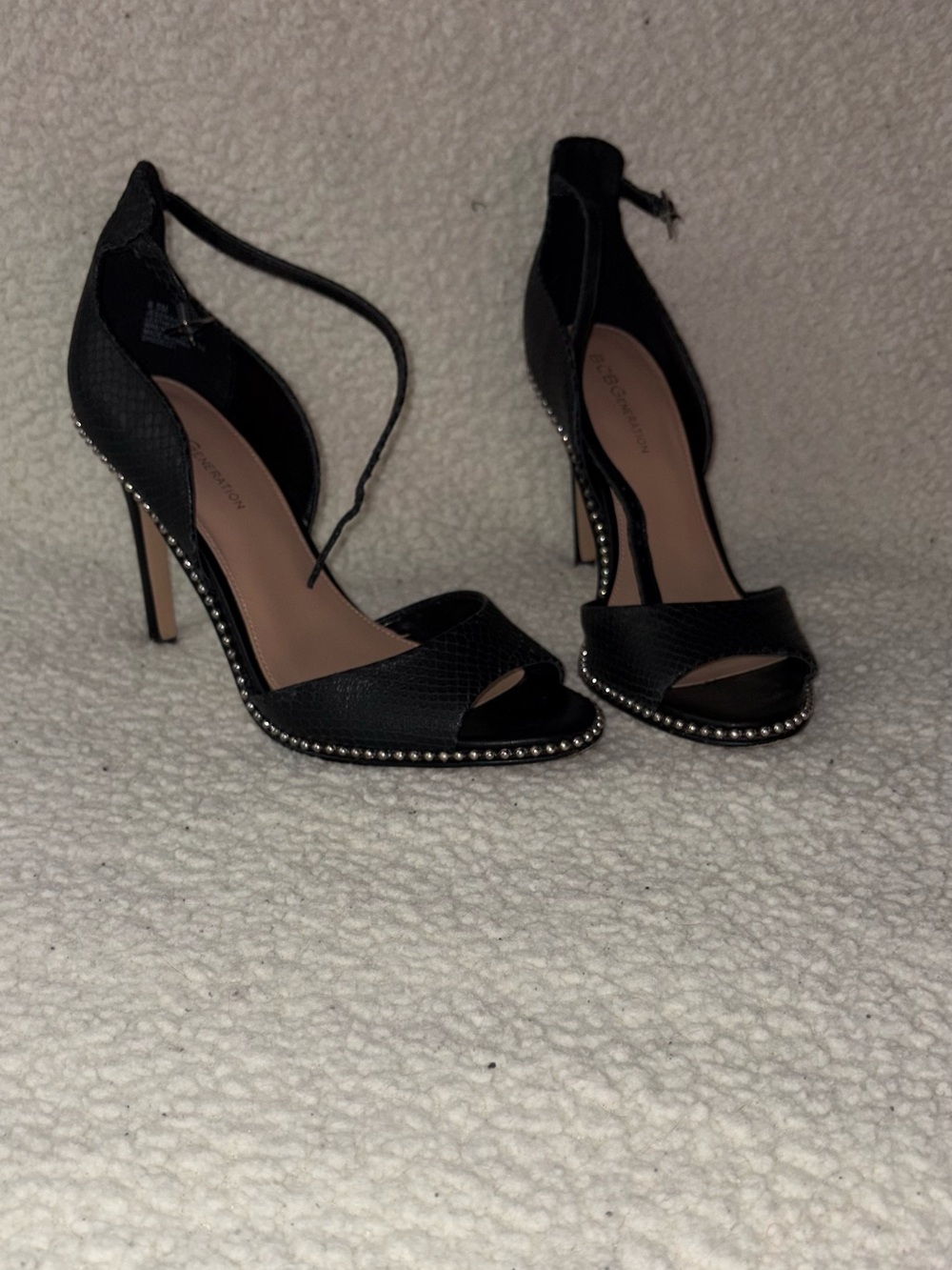 BCBGeneration Black Stud-Trim Open-Toe Ankle-Strap Heels